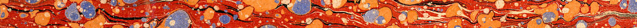 Red, orange, blue and beige multicolored paper with marbled and spotted design. Bookend paper from old book in public domain.